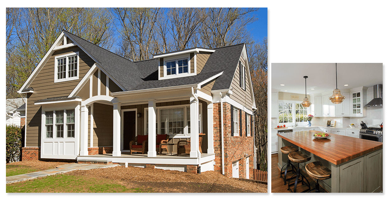 Montage of dining room and living room.